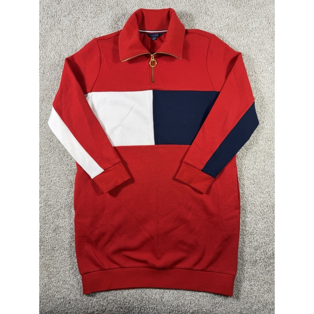 Tommy Hilfiger Vestido Sudadera Rojo Azul Blanco Cuello Cremallera Talla‎ M